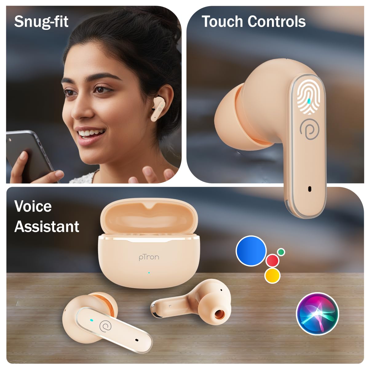 pTron Bassbuds Eon in-Ear TWS Earbuds w/ 13mm Drivers, 45Hrs Playtime, Dual HD Mic & TruTalk AI-ENC Calls, Custom EQ,Mobile App, Bluetooth v6.0 Headphones,Voice Assist., Type C Charging & IPX5 (Peach) — Amazon image 7