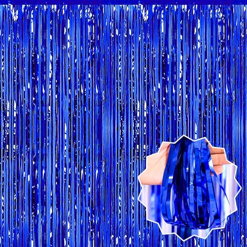 Image of 3 Pack Blue Foil Fringe Curtains Backdrop, 3.28 x 9.8 Ft Metallic Streamers Tinsel Curtains Background for Photo Booth, Birthday, Halloween, Christmas, Thanksgiving, New Year Party Decorations