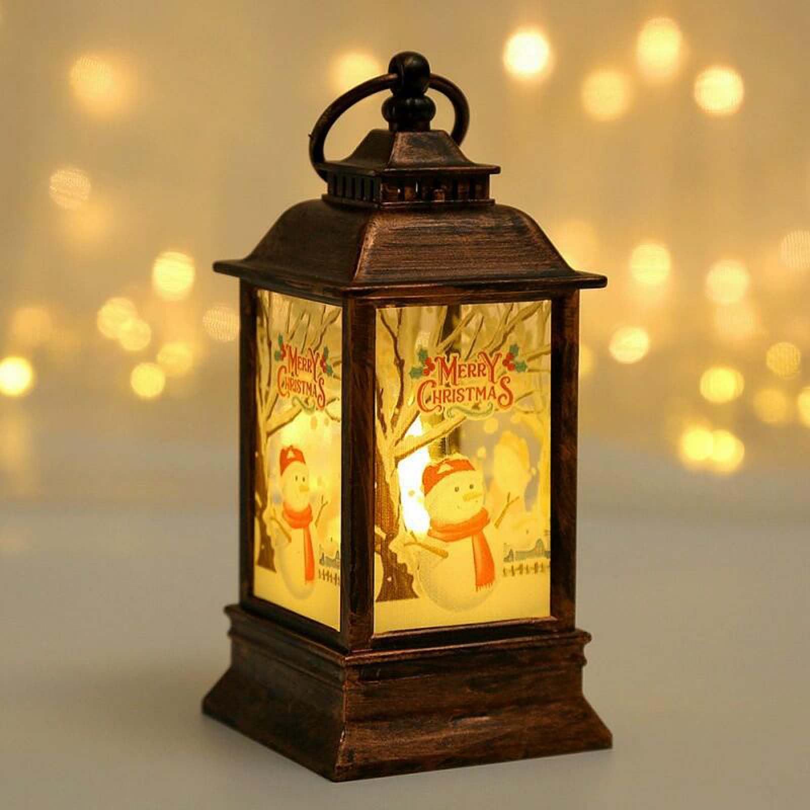 Drawelry Christmas Lantern Christmas Decorations Lights Vintage Xmas Candle with LED Santa Claus Elk Snowman Pattern, Fireless Candles Lamp for Christmas Eve Home Decor (Vintage Copper - Snowman)