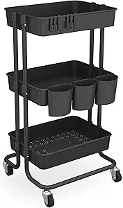 CAXXA 3-Tier Rolling Storage Organizer with 3 Small Baskets - Mobile Utility Cart with Caster Wheels (Black)