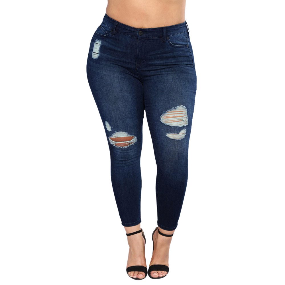 DORIC Wholesale Women Plus Size Ripped Stretch Slim Denim Skinny Jeans Pants High Waist Trousers