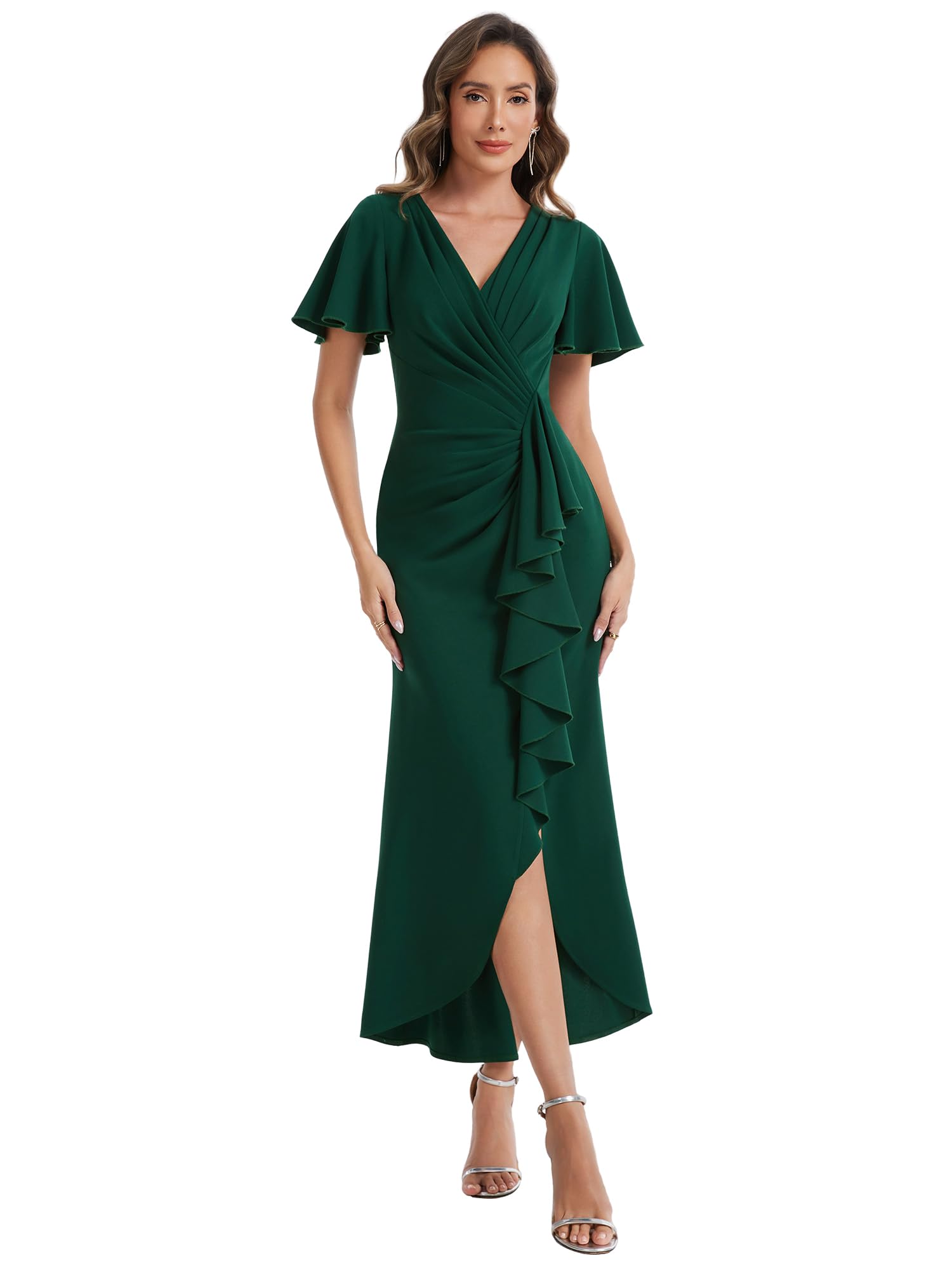 Ever-Pretty Abendkleider Lang Elegant mit Rüschen Kleid Hochzeitsgast Damen Midi Cocktailkleid EG02633