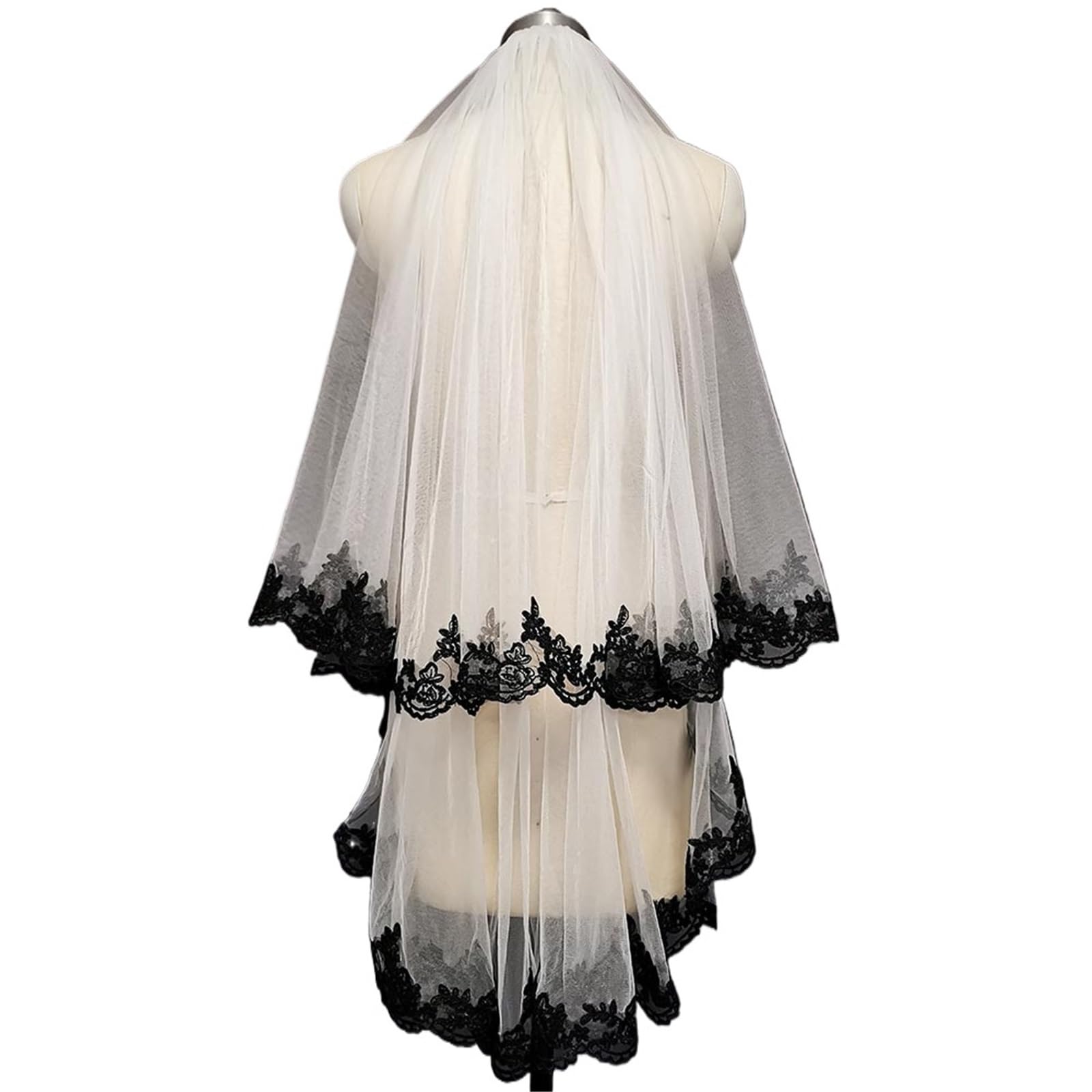 Black Lace White/Ivory Tulle 2 Layers Short Wedding Veil Beautiful Bridal Veil with Blusher Comb Wedding Accessories Velos de Novia(White)
