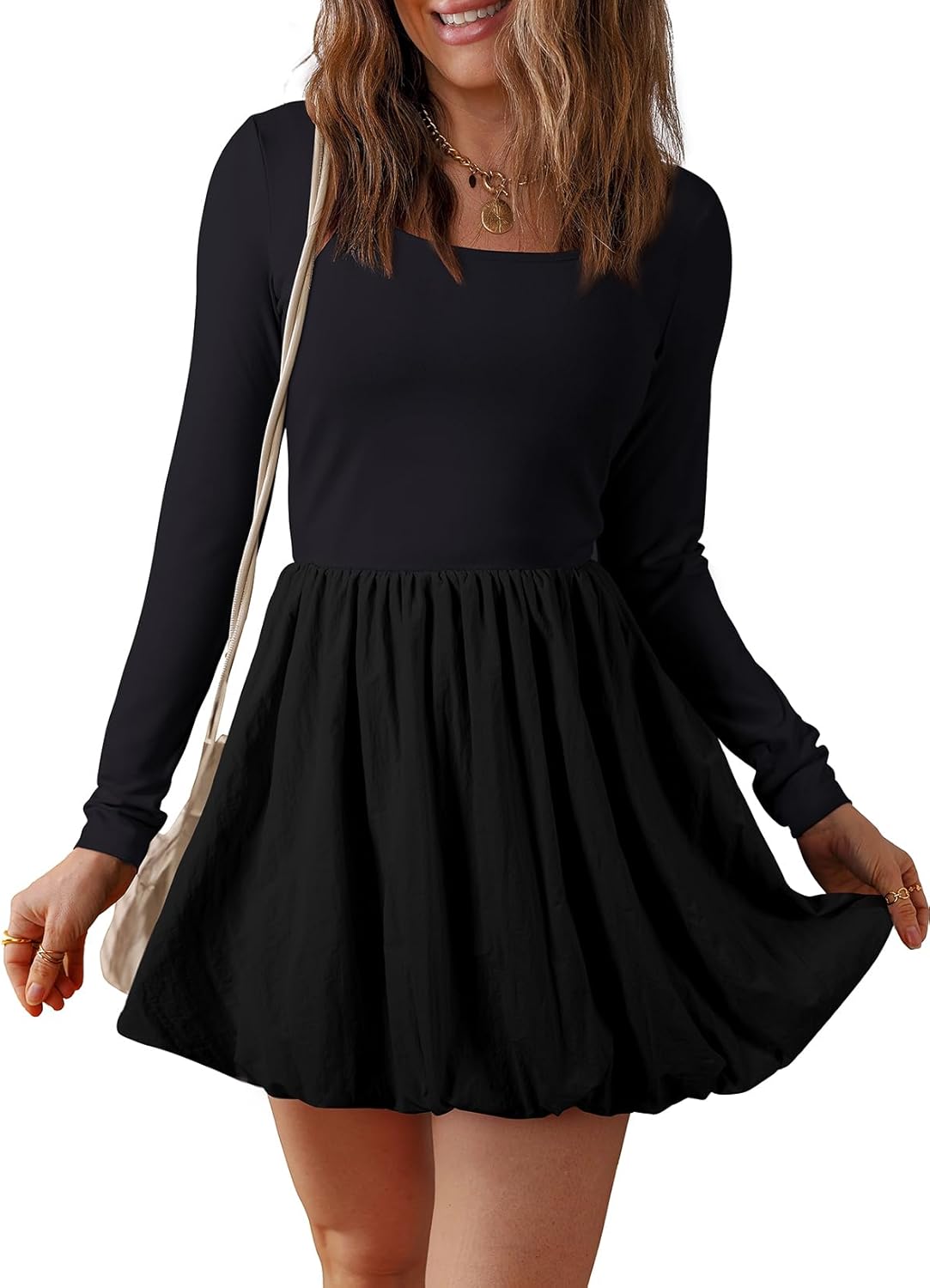 BLENCOT Dresses for Women Fall Long Sleeve Square Neck Bubble Party A Line Mini Dresses