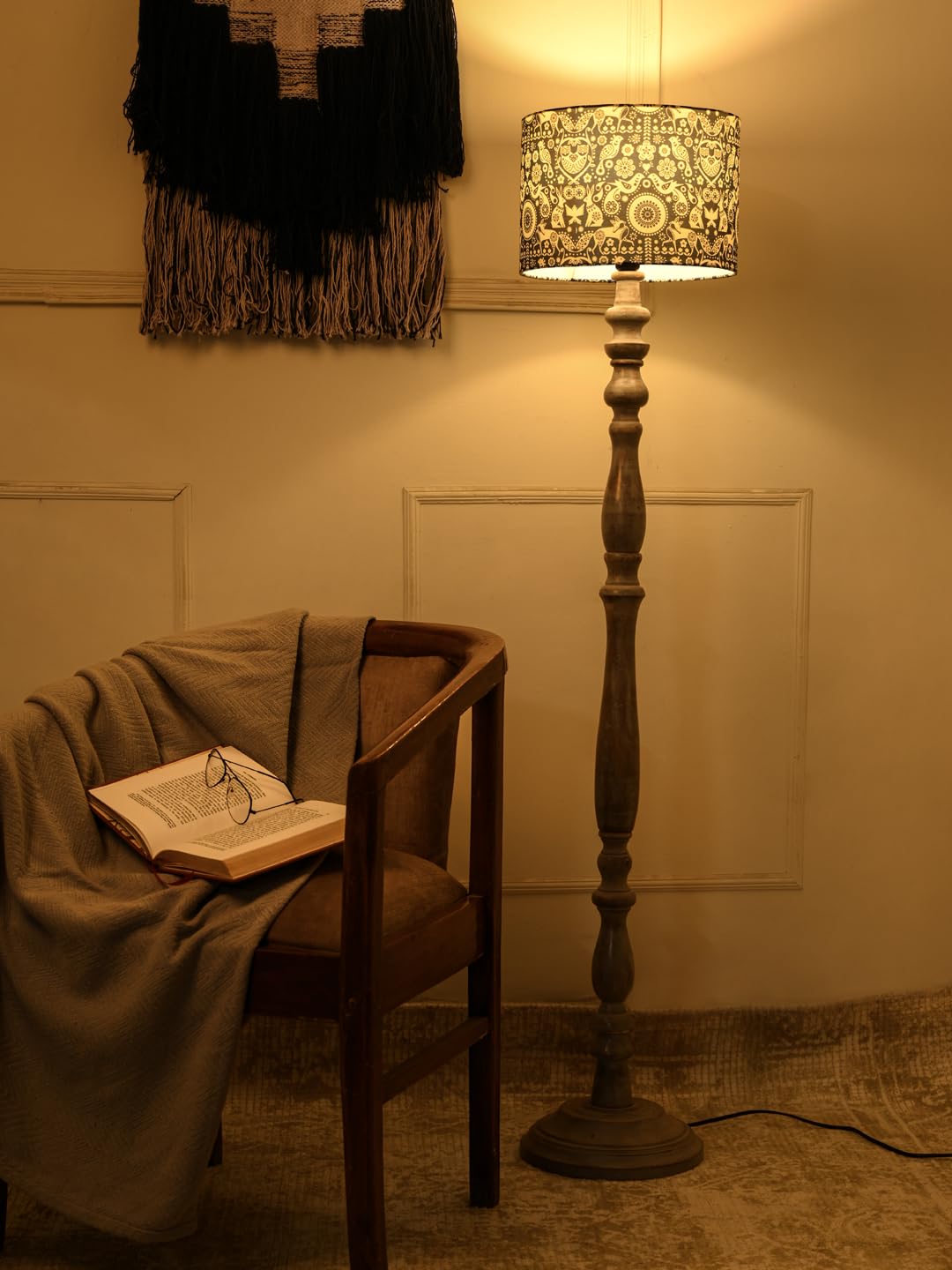 Green Girgit Wooden Grey Color Floor Lamp with Indian Art Multicolor Lamp Shade | Light Decoration for Home | Living Room & Bedroom Bedside Floor Lamp | Wooden Floor Lamp