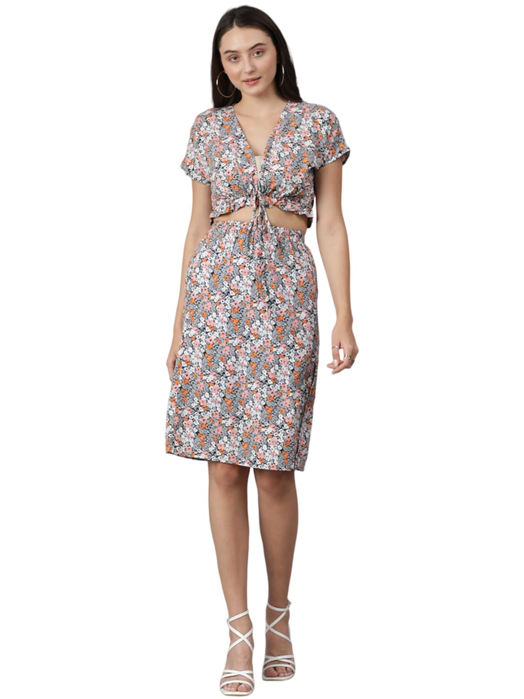 Women's Solid Relaxed Fit Short Sleeve Co-ord Top and Skirts Set