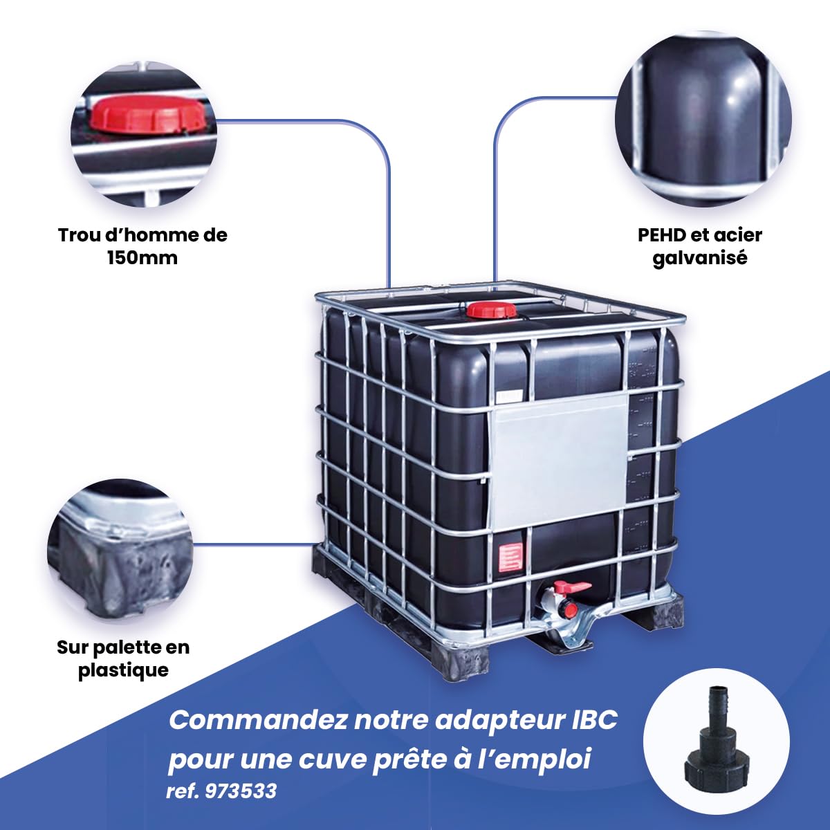 Récupérateur Eau de Pluie Noir Anti-UV RENSON reconditionné, IBC, cuve eau1000 litres, réservoir Eau de Pluie, Citerne Eau