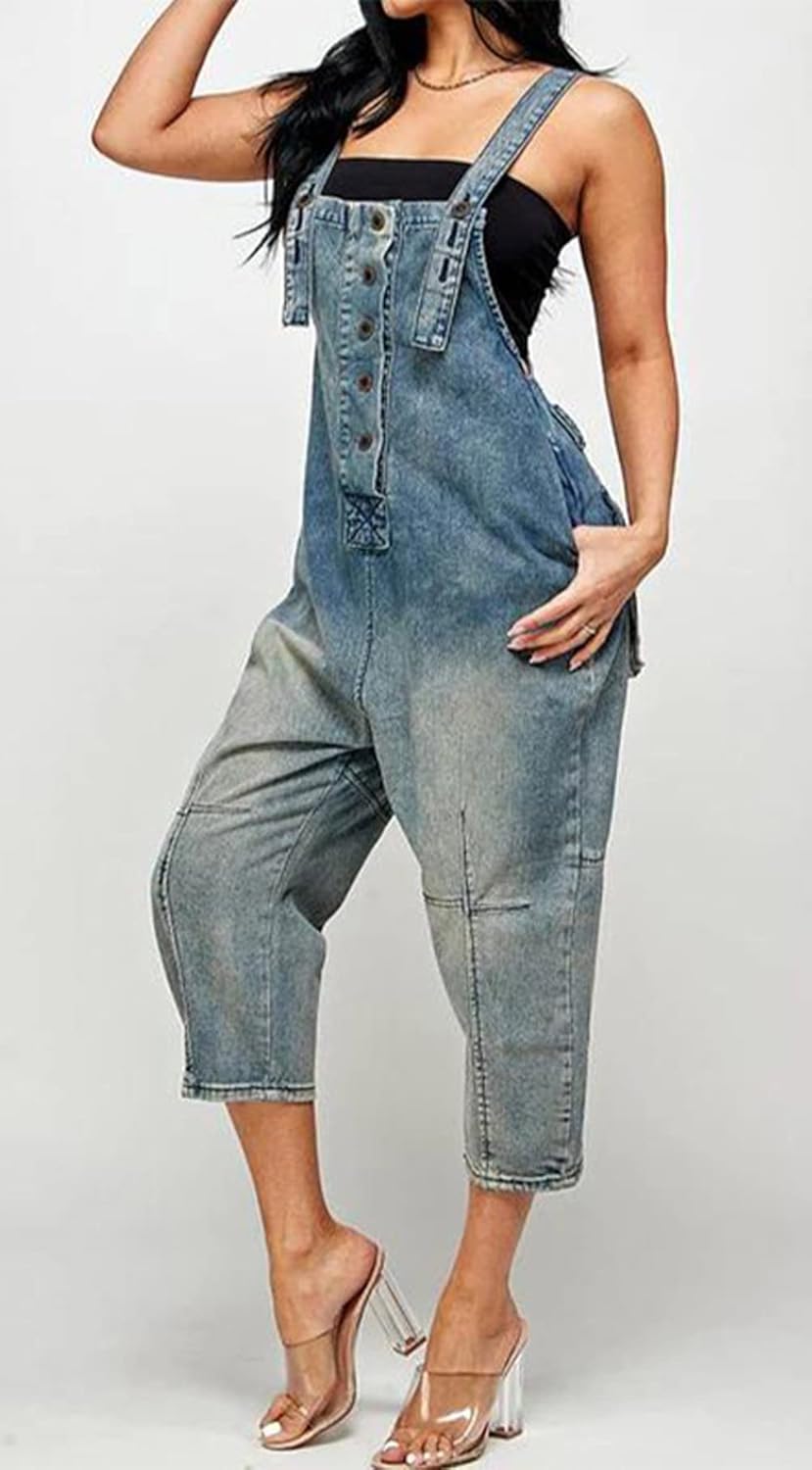 CHARTOU Women's Casual Loose Fit Jean Jumpsuit Overalls Crop Harem Denim Pants - Image 3