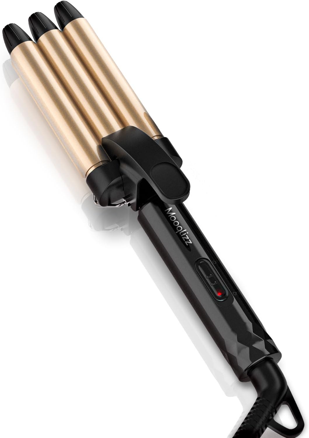 Mooqlizz Mini Hair Crimper, 1/2 Inch Beach Waves for Short Hair, Small 3 Barrel Curling Iron for Travel, Ceramic Barrel Dual Voltage Hair Waver Light Weight, Gold