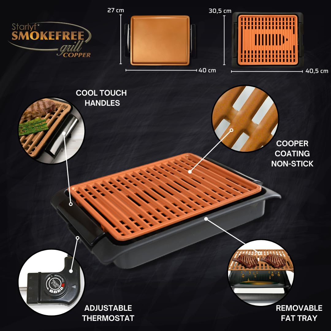 STARLYF Barbacoa eléctrica Smokefree Grill + Plancha - Barbacoa Eléctrica de 1250W, Parrilla Eléctrica Interior sin Humos ni Olores, Superficie Antiadherente de Cobre, Cocción Uniforme