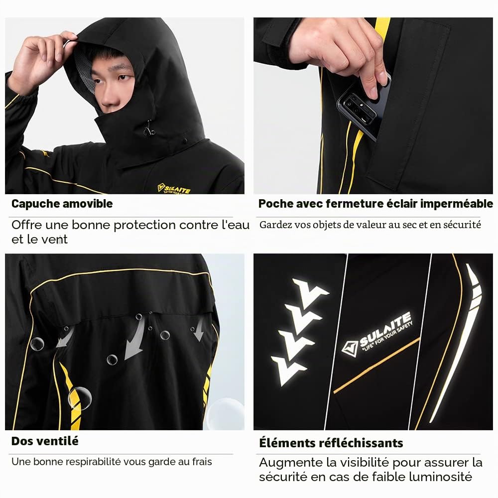 Rain Jacket, Combinaison de pluie de moto imperméable pour hommes et femmes, vêtements de pluie, veste et pantalon avec sac de rangement, veste de pluie imperméable et respirante, Noir , L