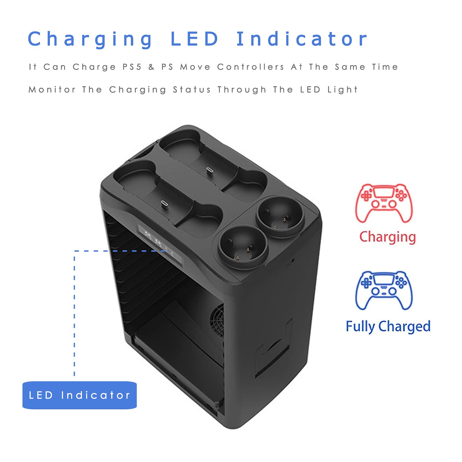 Charging Station for PS5 Controllers PS VR Move,Multifunctional Storage Rack Stand Kit for Playstation 5 Console and PS5 Accessories with 11 Game Disk,Cooling Fan,Headset and PS VR Stand
