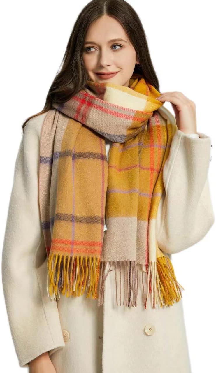 100% Wool Tartan Plaid Scarf,Womens Scarf Fashion Long Plaid Shawls Wraps, Big Grid Winter Warm Lattice Large Scarves