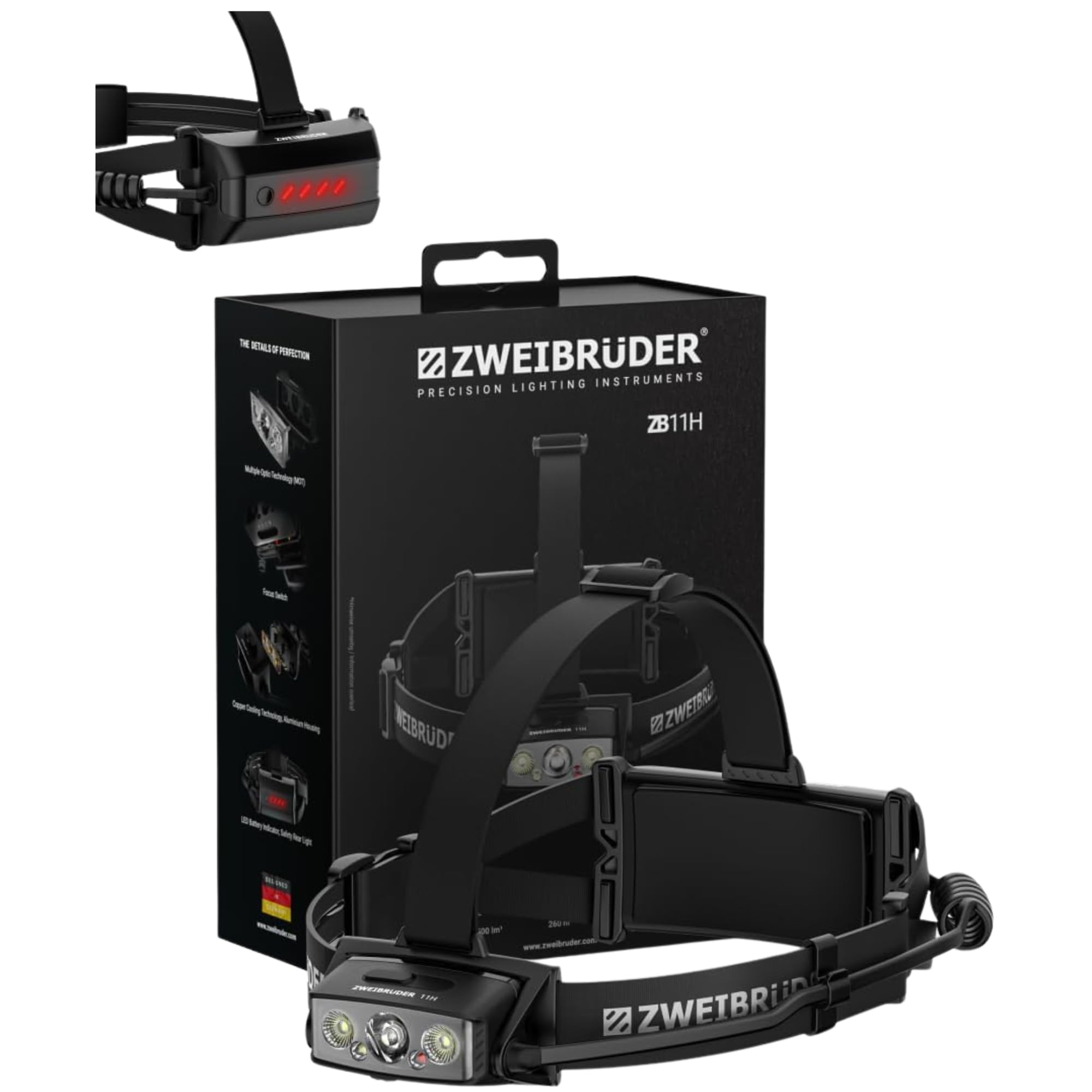 Zweibrüder ZB11H Latarka Czołowa LED 2500 lm, Długi Czas Pracy | Ładowalna Czołówka USB-C z MOT, Digital Focus, Czerwonym i Tylnym Światłem, 2 Akumulatorami, na Trekking i Camping