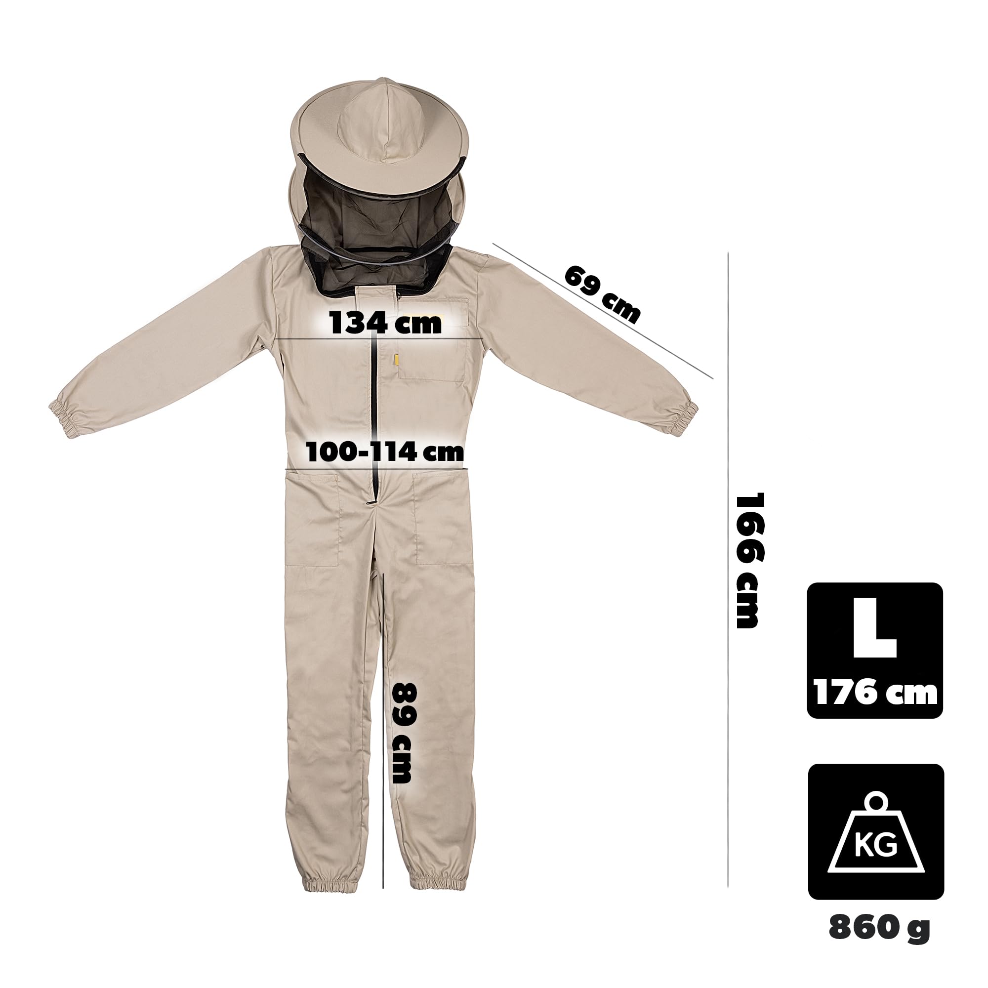 KADAX Imkeranzug mit Hut und Schleier, Größe L, Schutzanzug aus Polyester und Baumwolle, Bienenschutzanzug, Imker Anzug mit Imkerhut, Ganzkörper Schutzkleidung