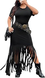 Women's Plus Size Boho Tassel Tank Dress Western Cowgirl Fringe Scoop Neck Sleeveless Vacation