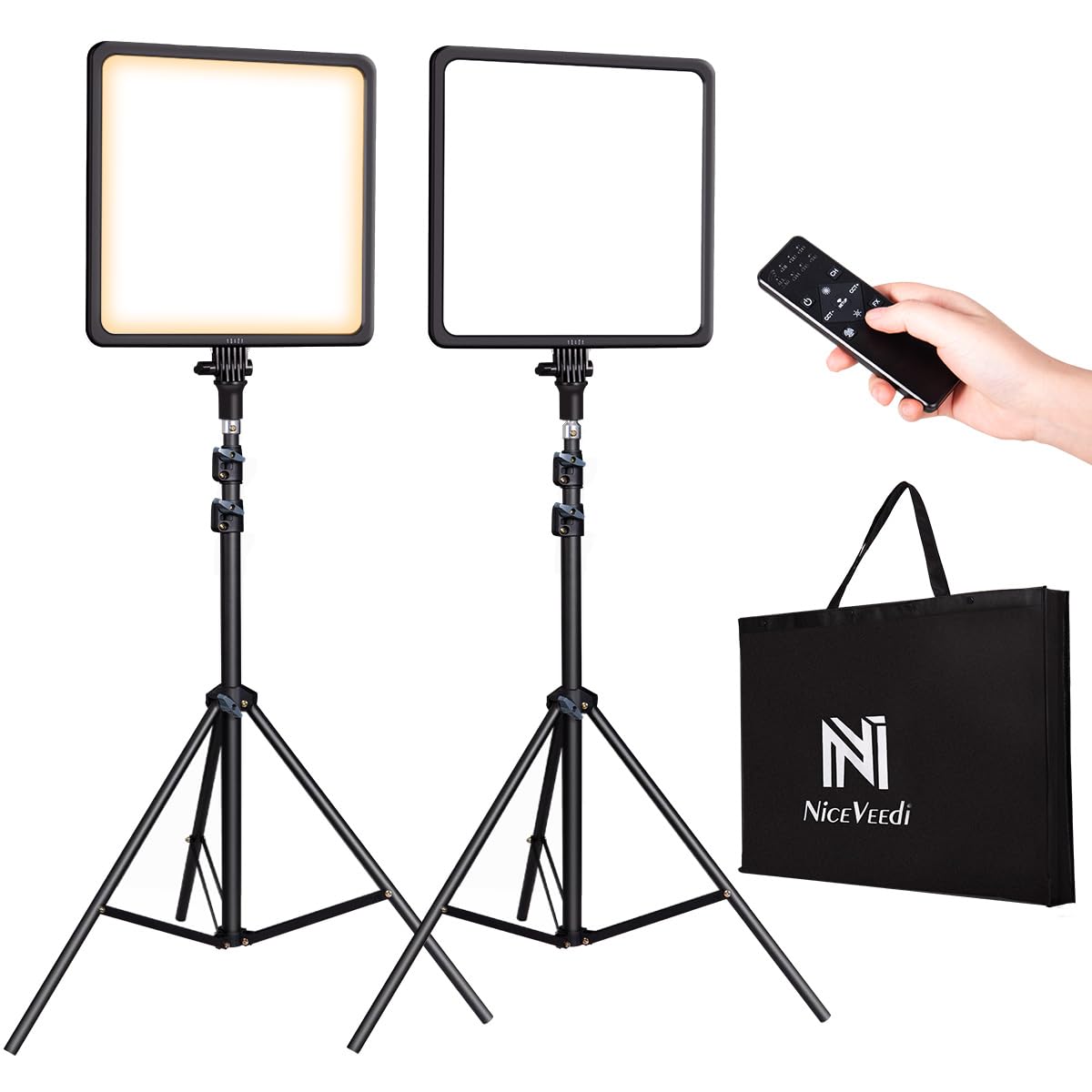 2-Pack Photography Lighting Kit, NiceVeedi 2700-8500K Bi-Color 17" LED Video Light Panel with Remote Control & Stand, Infinite Dimmable CRI 97+ 87" Professional Studio Light for Video Recording