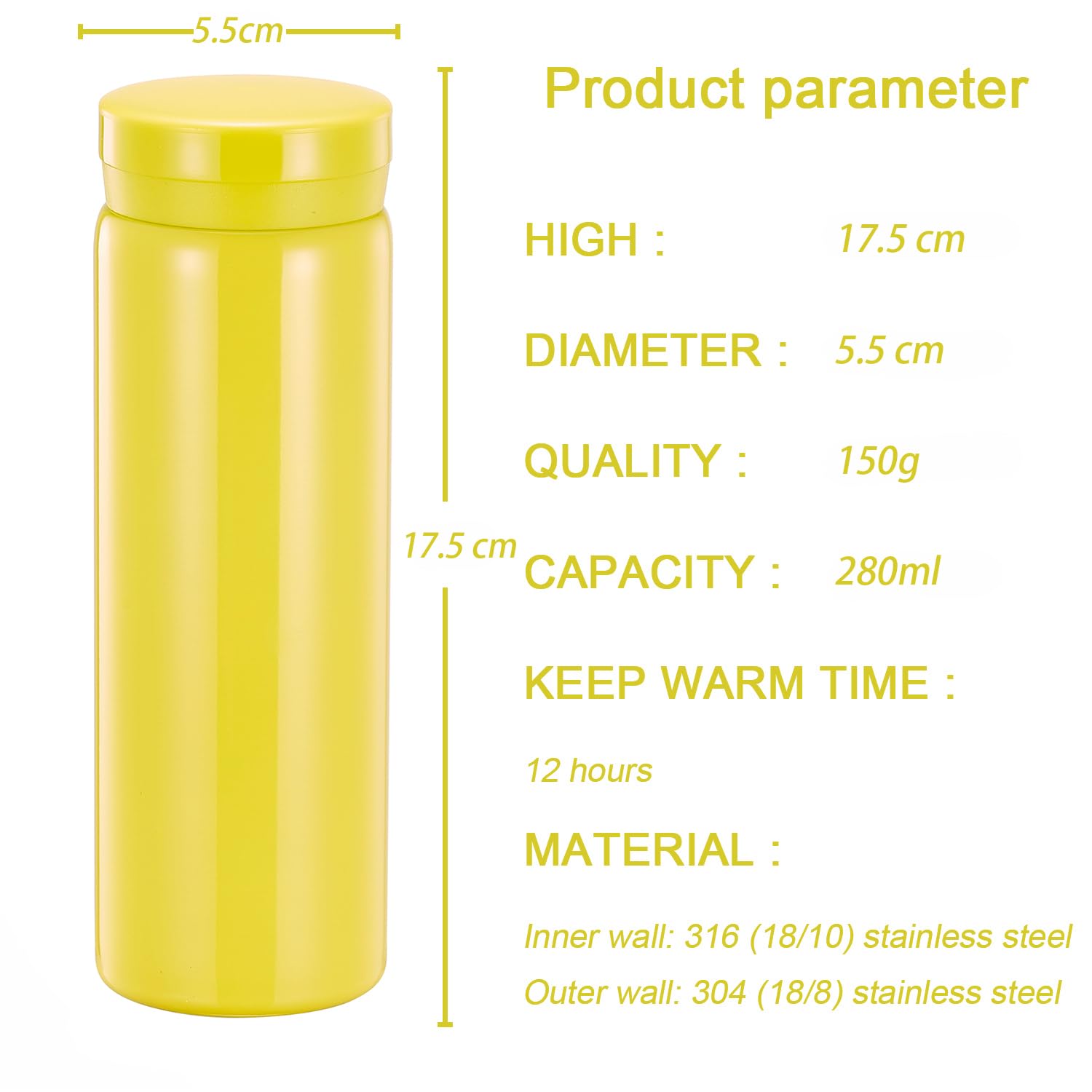 Small Flask, Cute Water Bottle, Vacuum Insulated Flask for Hot & Cold Drink, Keep 12H Hot & 6H Cold (Yellow, 280ml) - Image 2