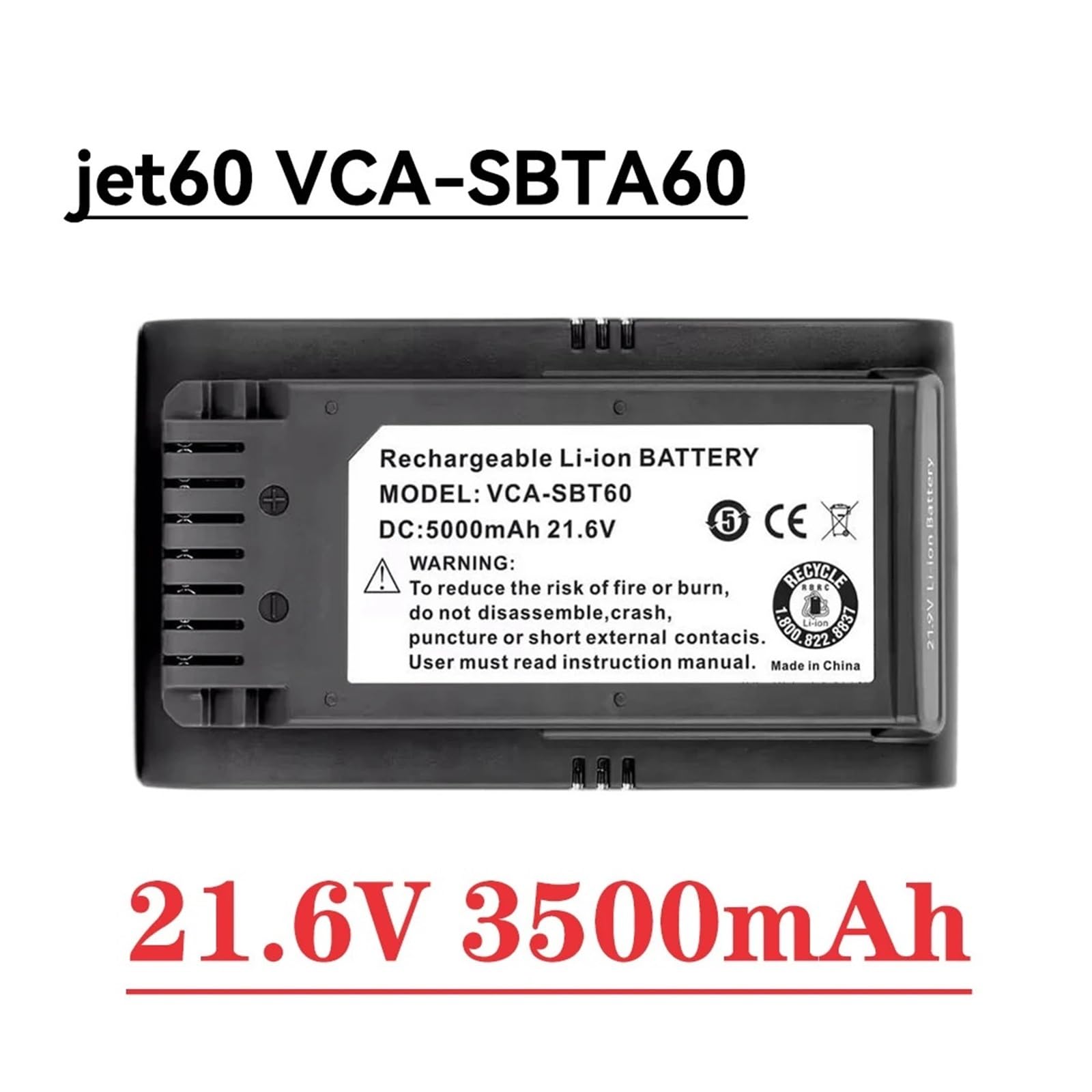 Accessori for aspirapolvere, pacco batteria ricaricabile agli ioni di litio ad alta capacità da 21,6 V 5000 mAh, compatibile con Samsung l'aspirapolvere Jet60 VCA-SBTA60(21.6V 3500mAh)