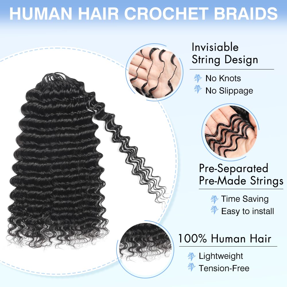 Renyarch Crochet Human Hair Bundles for Black Women 14 Pulgadas Deep Wave Crochet Hair 200g 160 Hebras Natural Black Wet and Wavy Invisible Curly Human Extensions