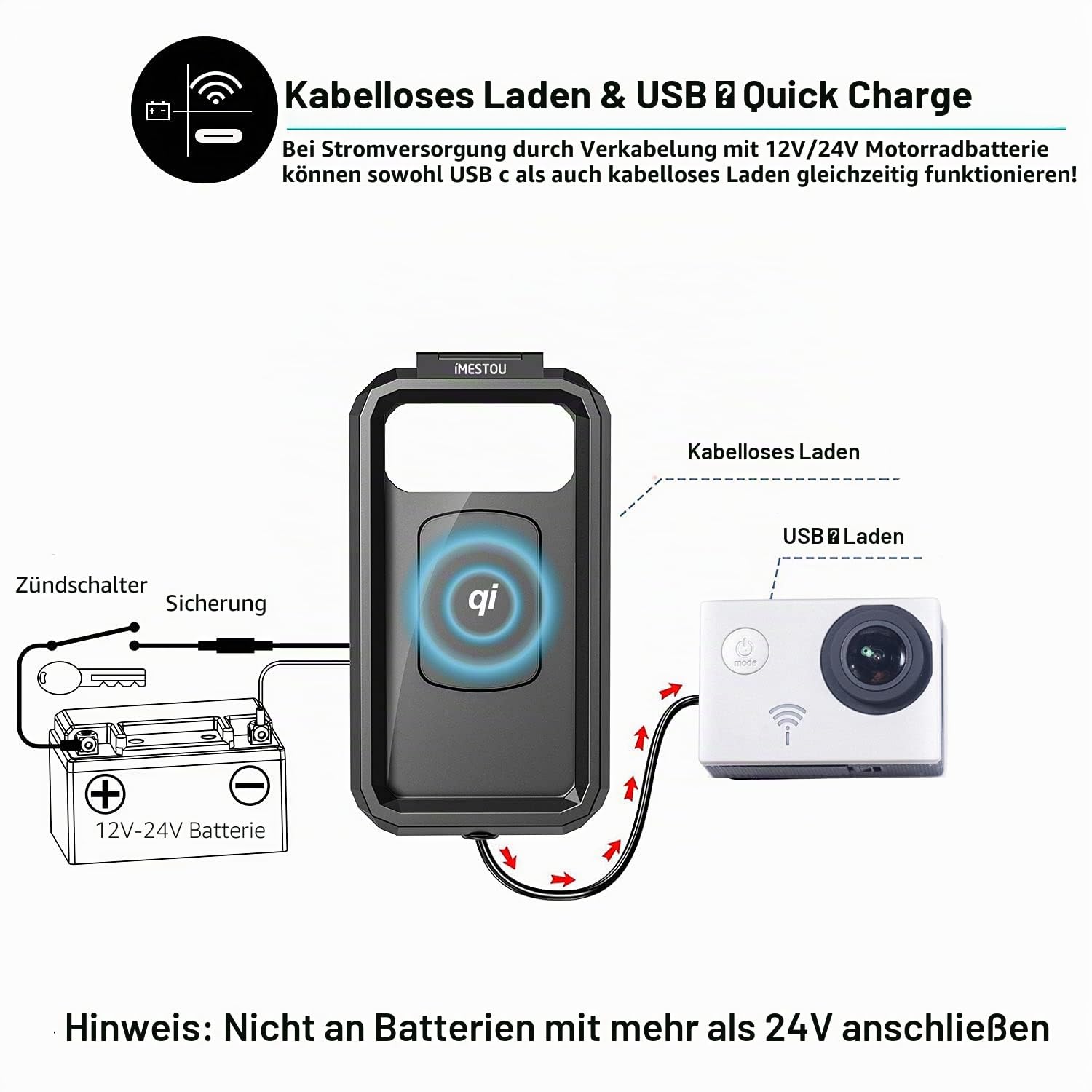 iMESTOU Wasserdichtes Motorrad Wireless USB C Telefonmontage, Lenker Handyhalter 360 Rotation Passt für 5,5"-6,8" Smartphones, funktioniert mit 12/24V Motorrädern (L)