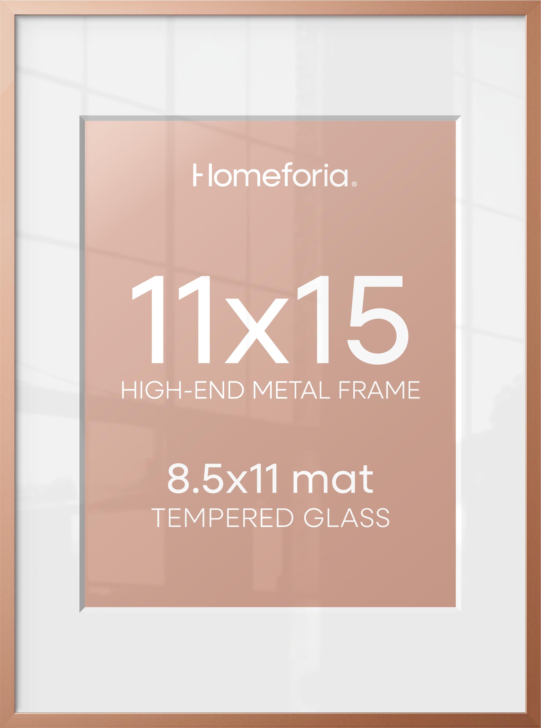 Homeforia 11x15 Rose Picture Frame, High-End Metal, 8.5x11 Mat, Glass | High End Aluminum, Tempered Glass, Acid-Free 8.5x11 Removable Mat, 11x15 in Edge-to-Edge Display 15x11, Wall Kit, Set Of 1
