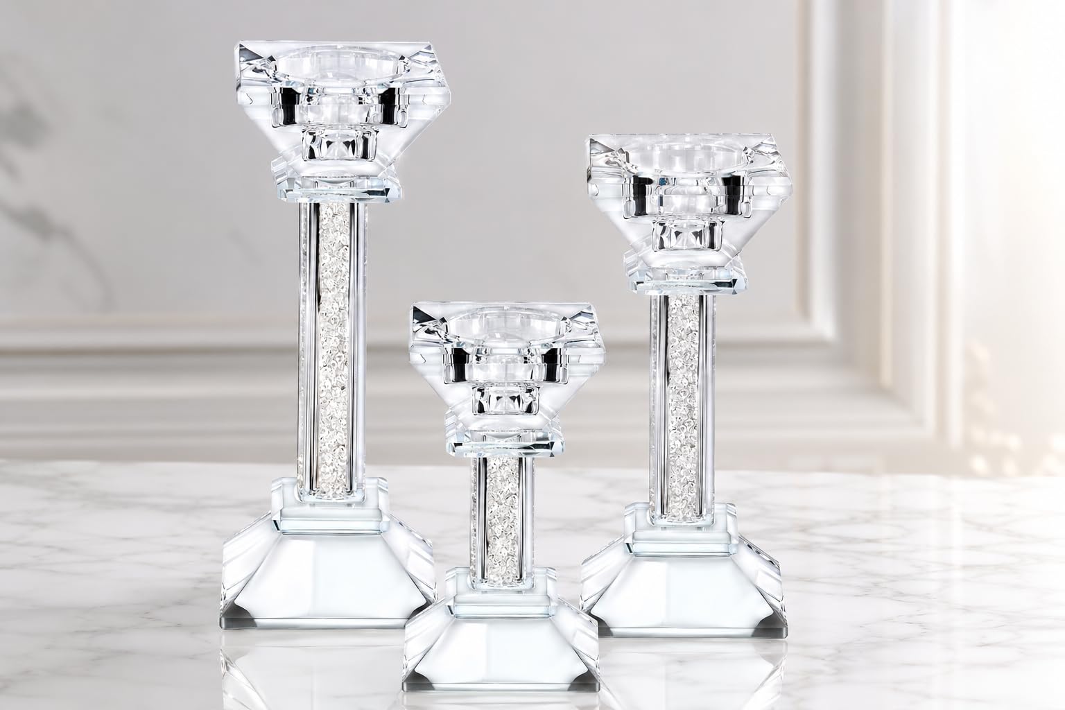 Set di 3 portacandele in cristallo, con gemme trasparenti a pilastro, centrotavola ultra elegante e moderno, decorazione per la casa per caminetto, ideale per eventi speciali, matrimoni, feste di