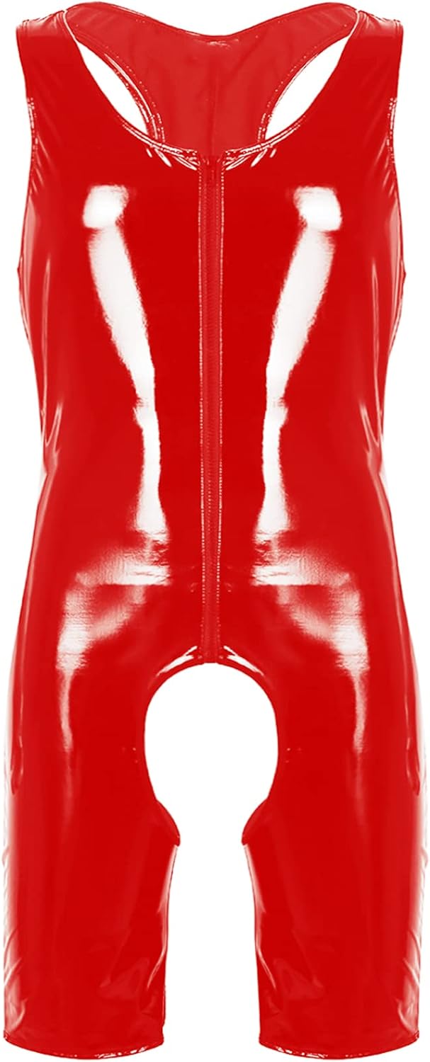Men's One Piece Wet Look Bodysuit Catsuit Patent Leather Shorts Zipper Front Leotard Jumpsuit