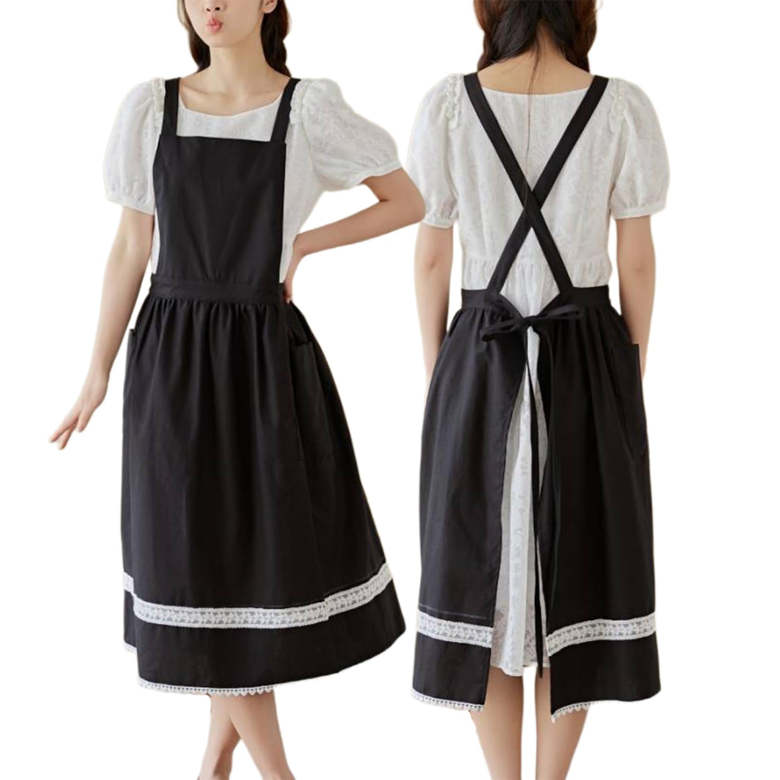 Fartuch Damski Fartuch Lniany Bawełniany Krzyż Na Plecach Z Kieszeniami Sukienka Pinafore Dla Szefa Kuchni Ogrodnictwo Gotowanie Malowanie Black,One Size
