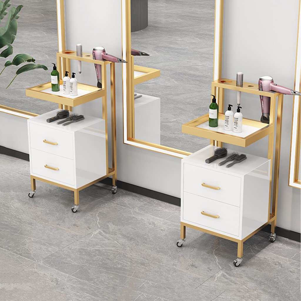 Carrello portautensili professionale per parrucchieri, con 2 cassetti, con guardrail rialzato, carrello per salone di bellezza (oro + nero)
