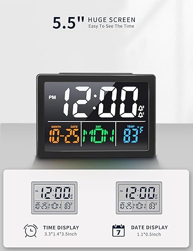 Miniatura 9 de Reloj despertador digital, con pantalla LED grande de 5.5 pulgadas, volumen de alarma ajustable, 6 niveles de brillo, ajustes de alarma, cargador