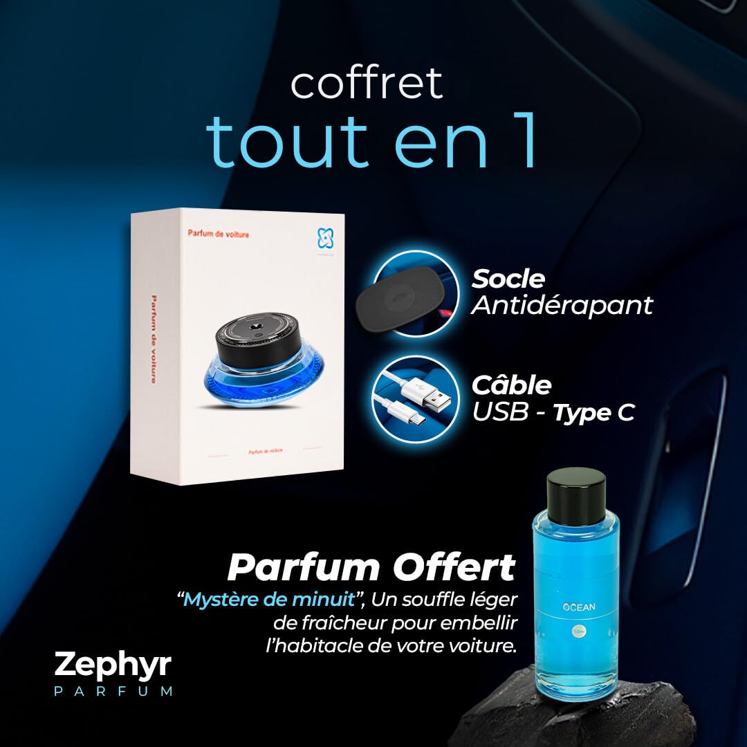 Désodorisant Voiture Zephyr, diffuseur de voiture, 50 ml Parfum Naturel, Durée 3-6 Mois, Lumière Ambiante, Concentration Réglable, Marche/Arrêt Automatique, Batterie Intégrée, Car Air Freshener