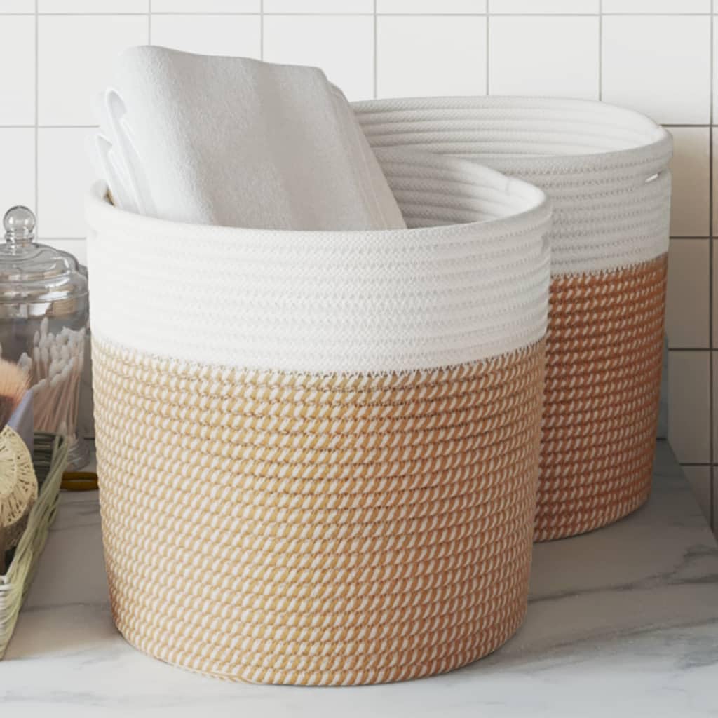 Mangloder Aufbewahrungskörbe 2 Stk Braun und Weiß, Ø28 x 28 cm Baumwolle, geflochten, faltbar, Organizer für Spielzeug, Wäsche, Regal, Schrank, Wohnzimmer und Kinderzimmer