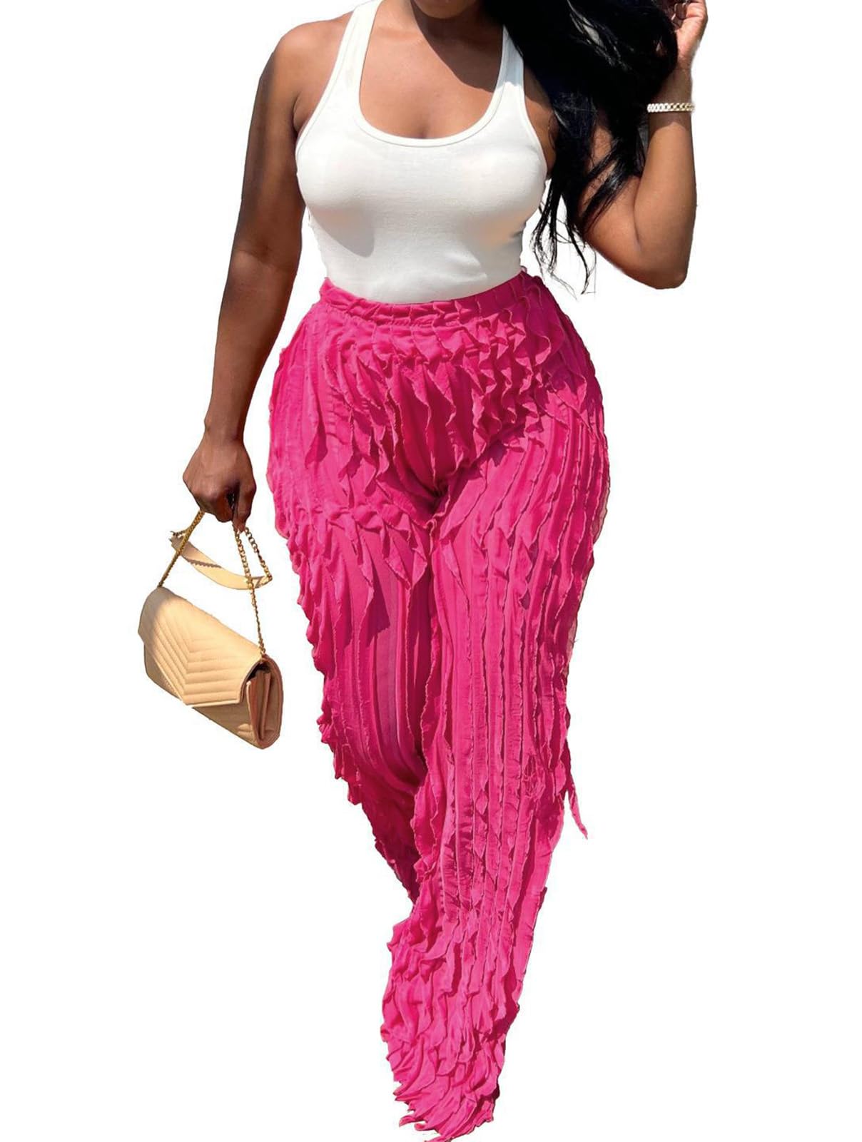 Women Sexy See Through Ruffle Wave Wide Leg Palazzo Pants Tassel Sheer Mesh High Waist Long Trousers Clubwear