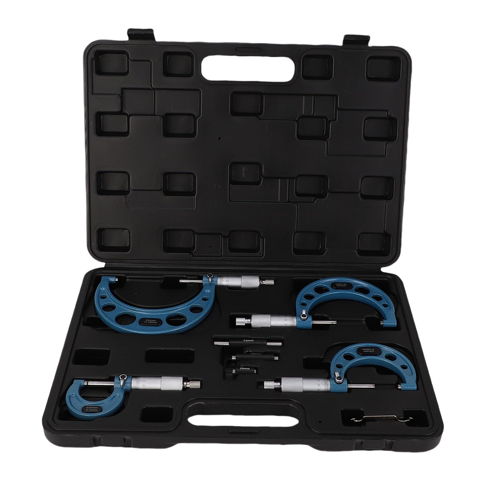 FTVOGUE Juego de Micrómetros Exteriores, Juego de Micrómetros de Precisión de Aleación con Cuerpo de Acero Inoxidable y Yunques de Carburo, 4 Piezas de 0 a 100 Mm, Rango de 0,01 Mm para Maquinistas,