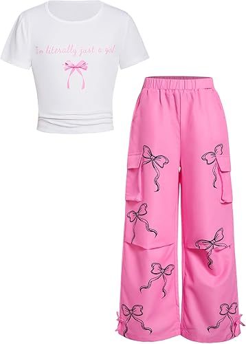 RoseSeek Girl's 2 Piece Summer Outfits Short Sleeve Ruched Basic Tess and Camo C