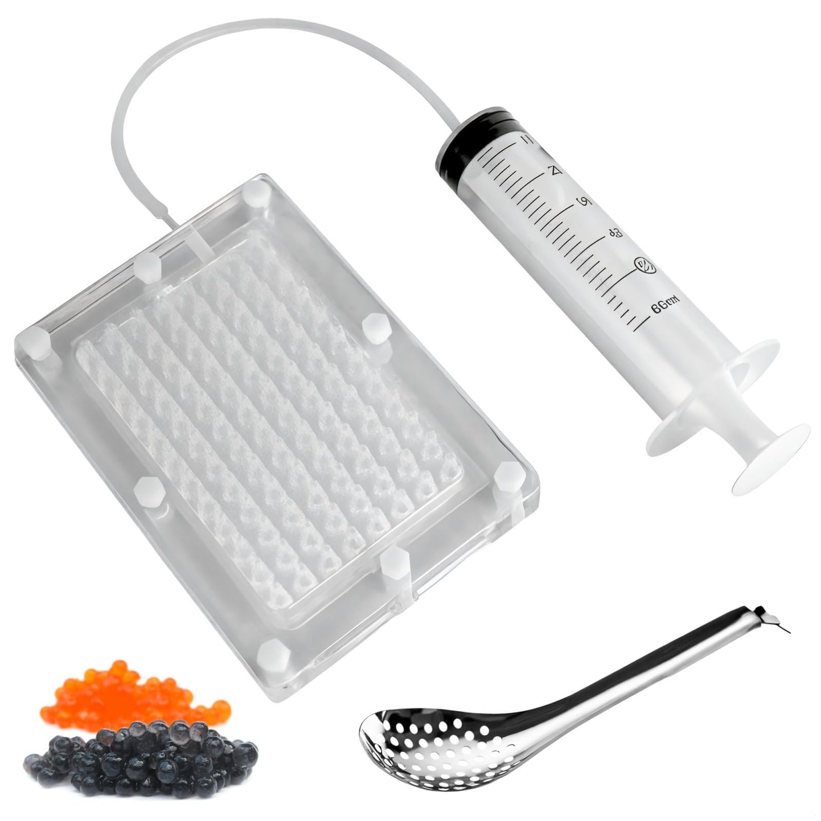 Kit de boîte à caviar moléculaire comprenant 96 boules de caviar, tube, seringue, cuillère et boîte à caviar pour une création facile de caviar sphérique