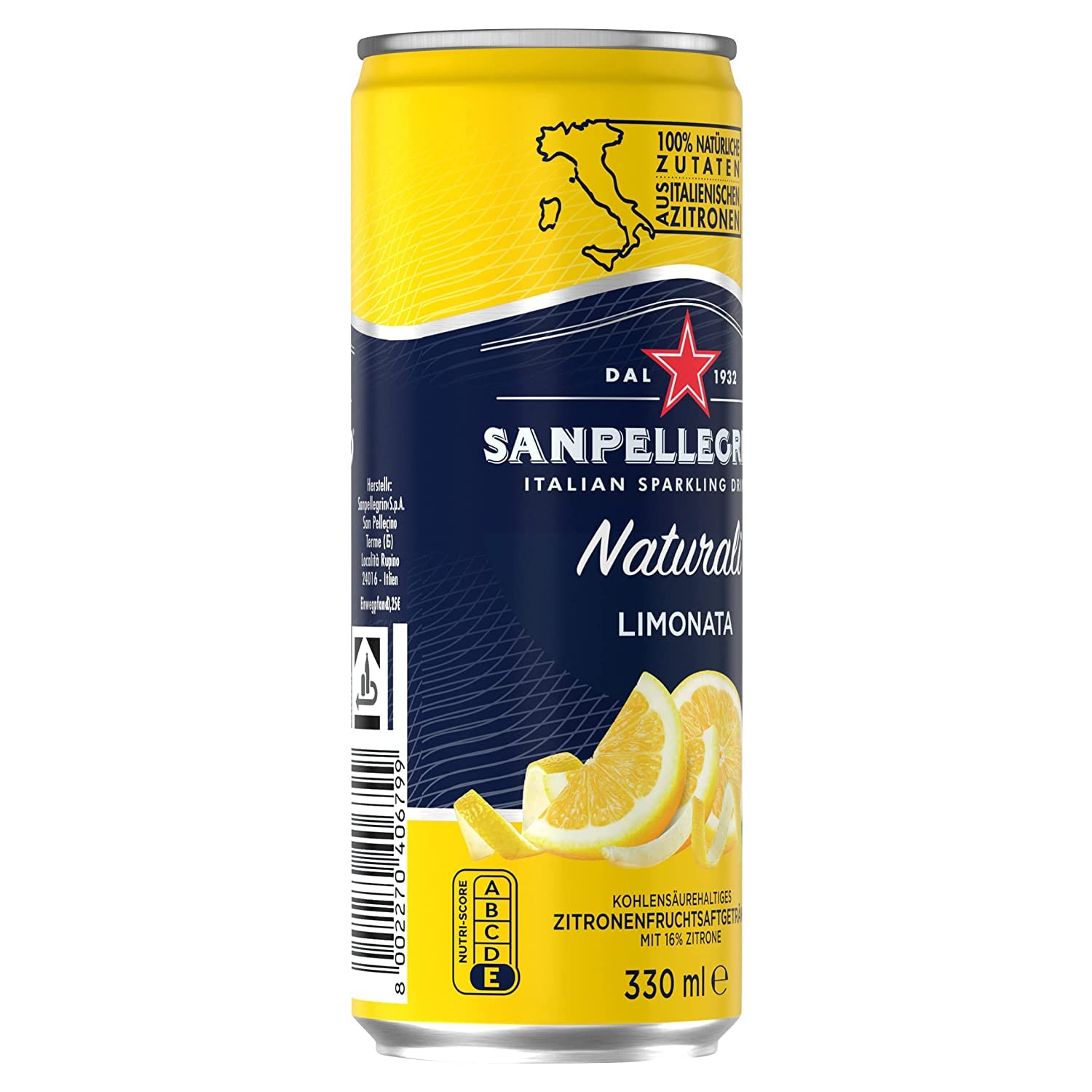 48x San Pellegrino Limonata Limonade 100% Natürliche Inhaltsstoffe Alkoholfreies Getränk Kohlensäurehaltiges Erfrischungsgetränk auf Basis von Zitronensaft 16% Einwegdose 330ml