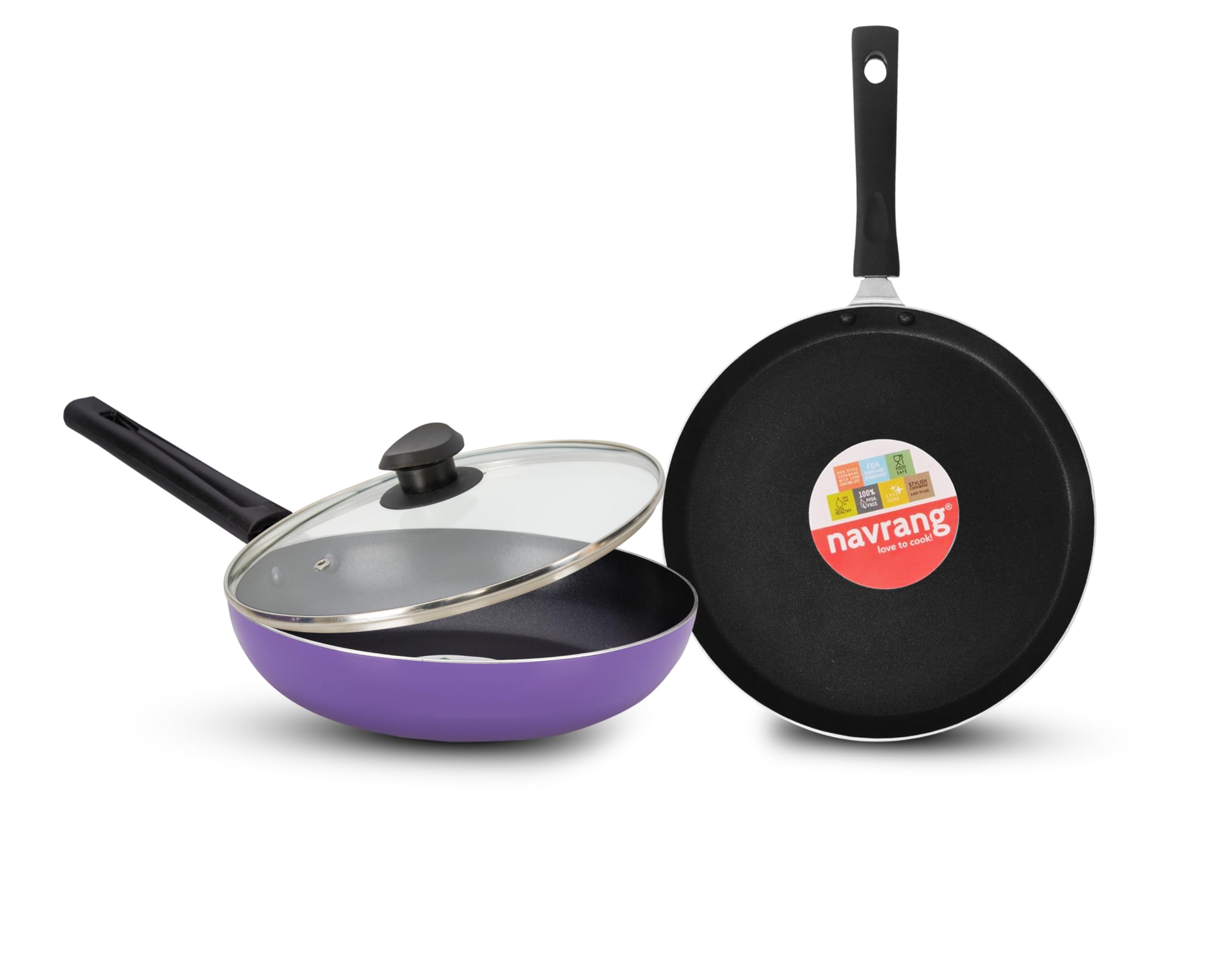 NAVRANG Non Stick Cookware Set of 3 Pcs | Nonstick Dosa Tawa 26 cm & Frypan 22cm with Glass Lid | Non-Induction - Purple-picture-15