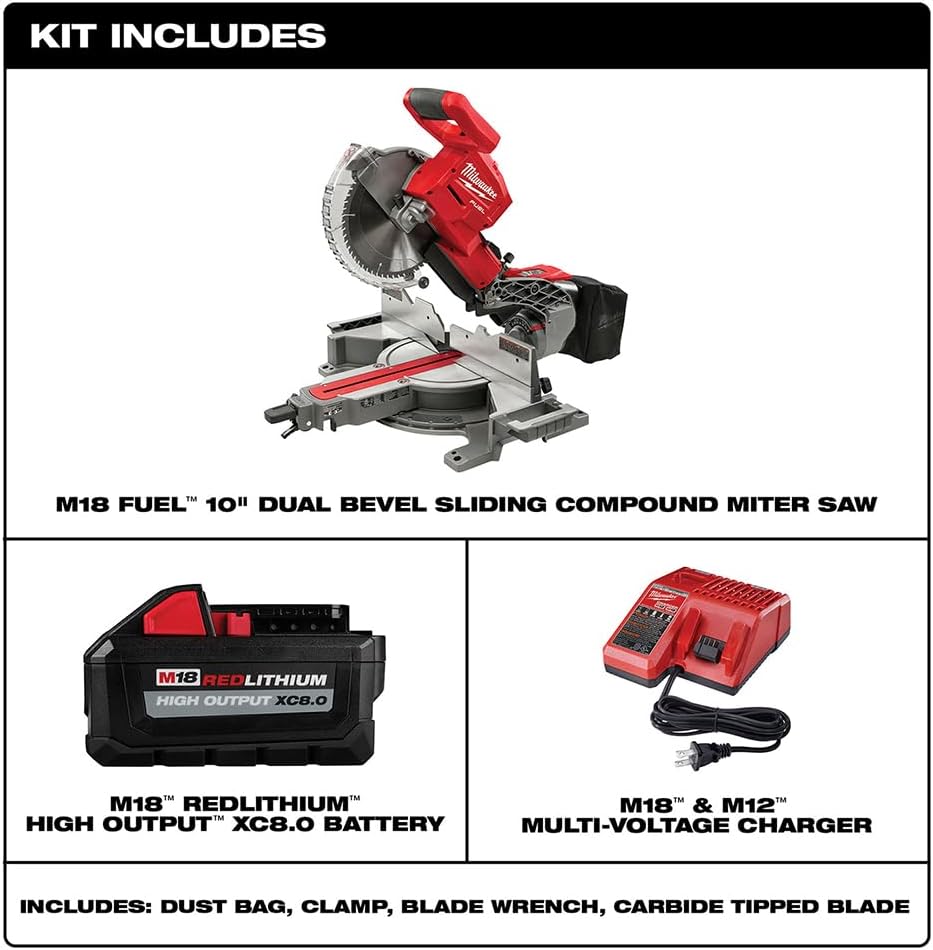 MILWAUKEE M18 Fuel 18v Red Lithium-Ion Brushless Cordless 10in. Dual Bevel Sliding Compound Miter Saw with (1) 8.0 Ah Battery