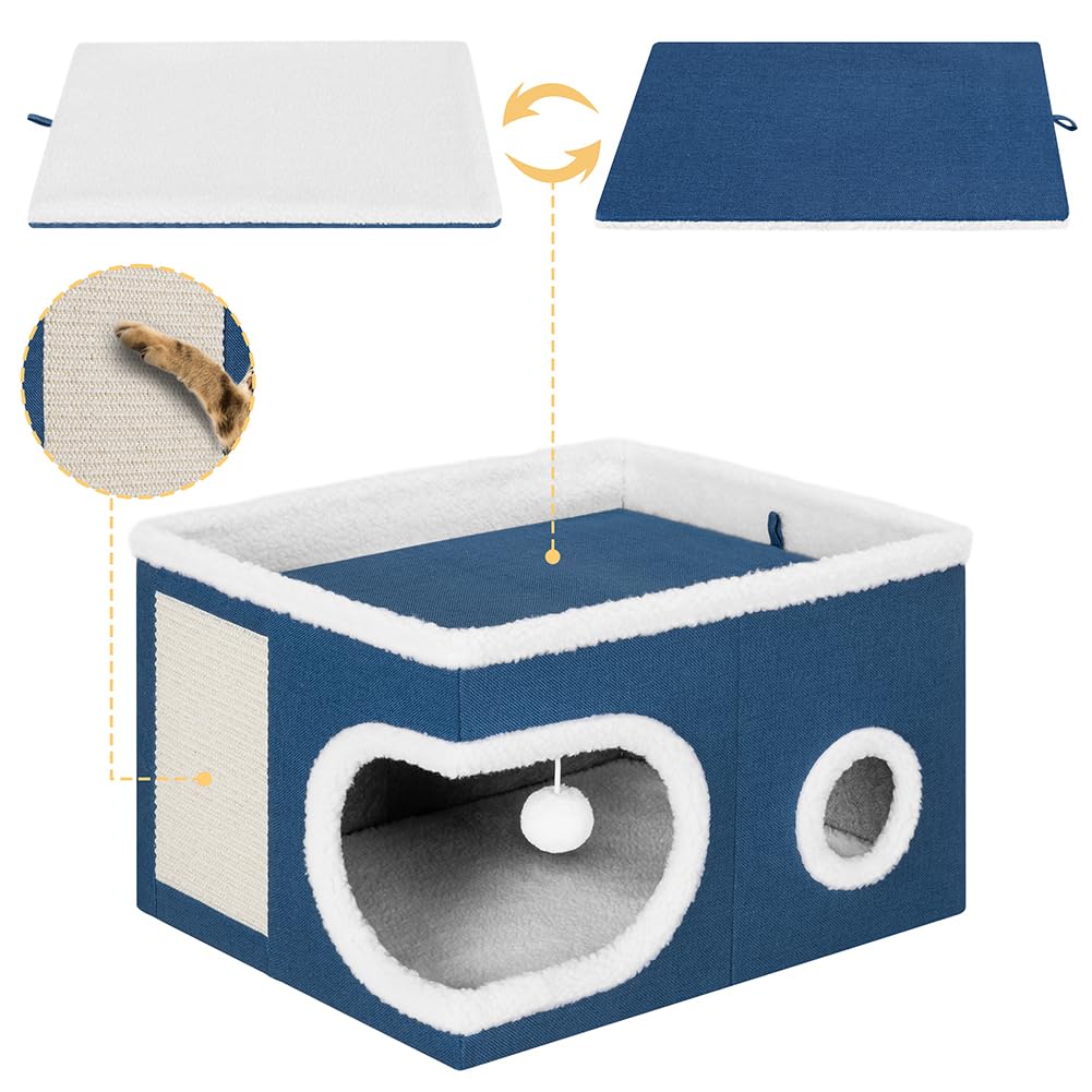BAKAJI Cuccia per Gatti con Ingresso Tondo e Bordo in Lana, Casetta Rifugio per Animali Domestici, Tiragraffi in Poliestere Caldo e Imbottito, Cuccetta Graffiatoio Base Antiscivolo 58x42x33cm (Blu)