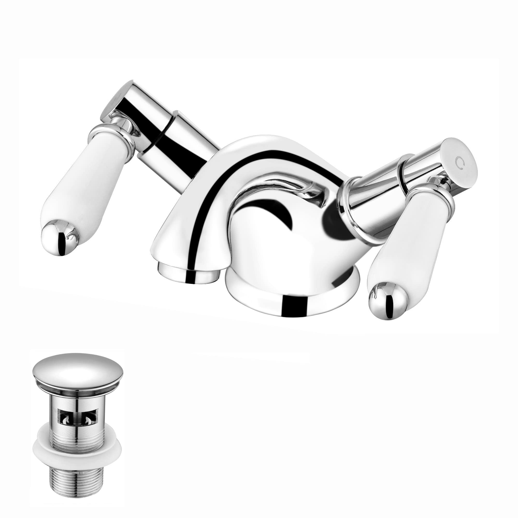 Enki Chrome Downton, Bbt0236 Basin Mixer Tap With White Ceramic Levers Slotted Waste