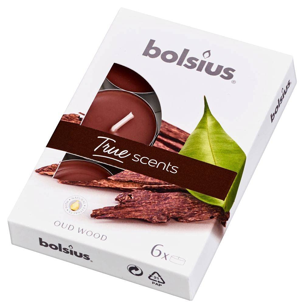 Bolsius Kokulu Tealight Mum, Ud Ağacı Kokulu, Kahve Renkli, 6'lı Paket, 4 Saatlik Yanma Süresi - Ev Mumu - İç Dekorasyon - Doğal Özler - Doğal Vegan Balmumu İçerir - Palmiye Yağı İçermez