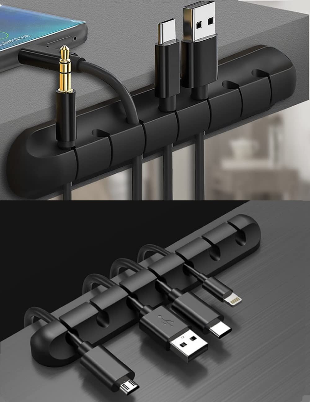 BoGoo 4 Pack Cable Tidy Cable holder Clips, Cable cord Management Organiser Clip Silicone Adhesive for USB Charging Phone Sync lead. Ideal for Home, Office, Car, Nightstand, Desk Accessories - Black