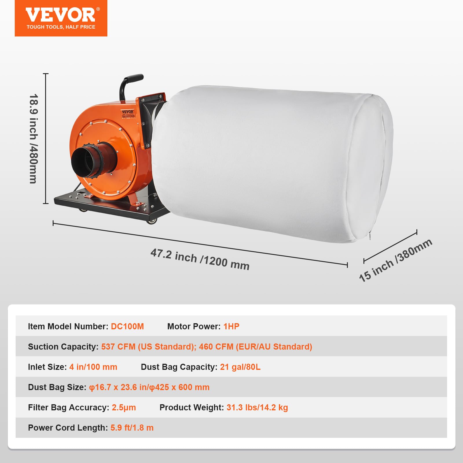 VEVOR Aspiratore Polveri, Flusso d'Aria 1HP 460 CFM, Aspiratore Polveri Rotante Sacco 21 Galloni, Filtrazione a Sacco da 2,5 Micron, Contenitore Mobile per Polvere di Legno per Officina Industriale