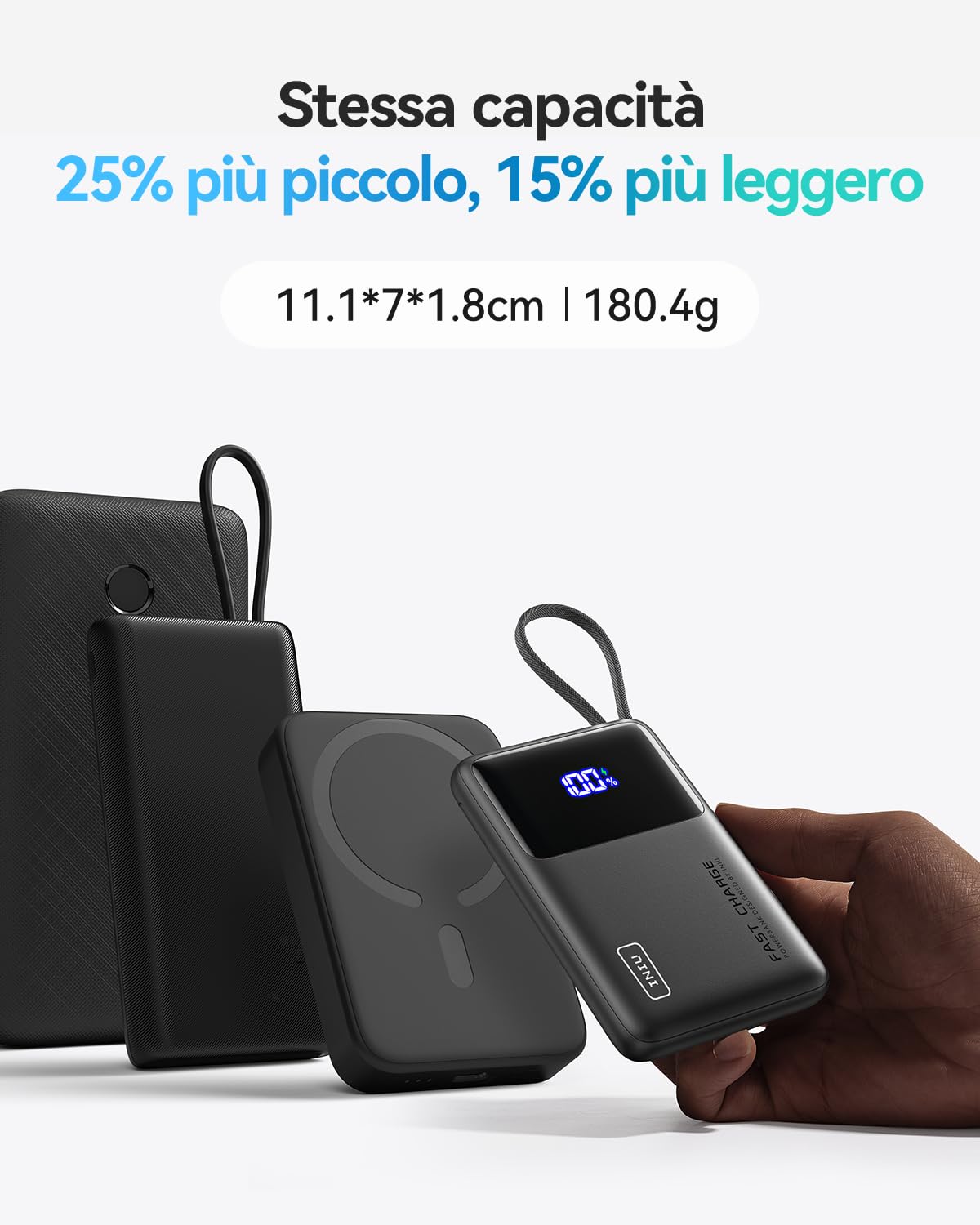INIU 45W Power Bank, 10000mAh Ricarica Rapida Powerbank con Cavo USB C Integrati, USB C In&Out PD3.0 QC4.0 Caricatore Portatile per iPhone 16 15 14 13 12 Pro Xiaomi Samsung Huawei iPad Pro etc