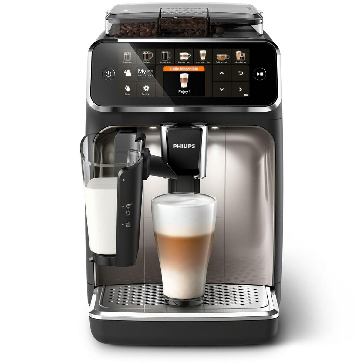 Philips 5400 Series Vollautomatisch Kaffeemaschine - LatteGo Schaumer, 12 Arten von Getränken, Intuitives Display, 4 Benutzerprofile, Chrom (EP5447/90)