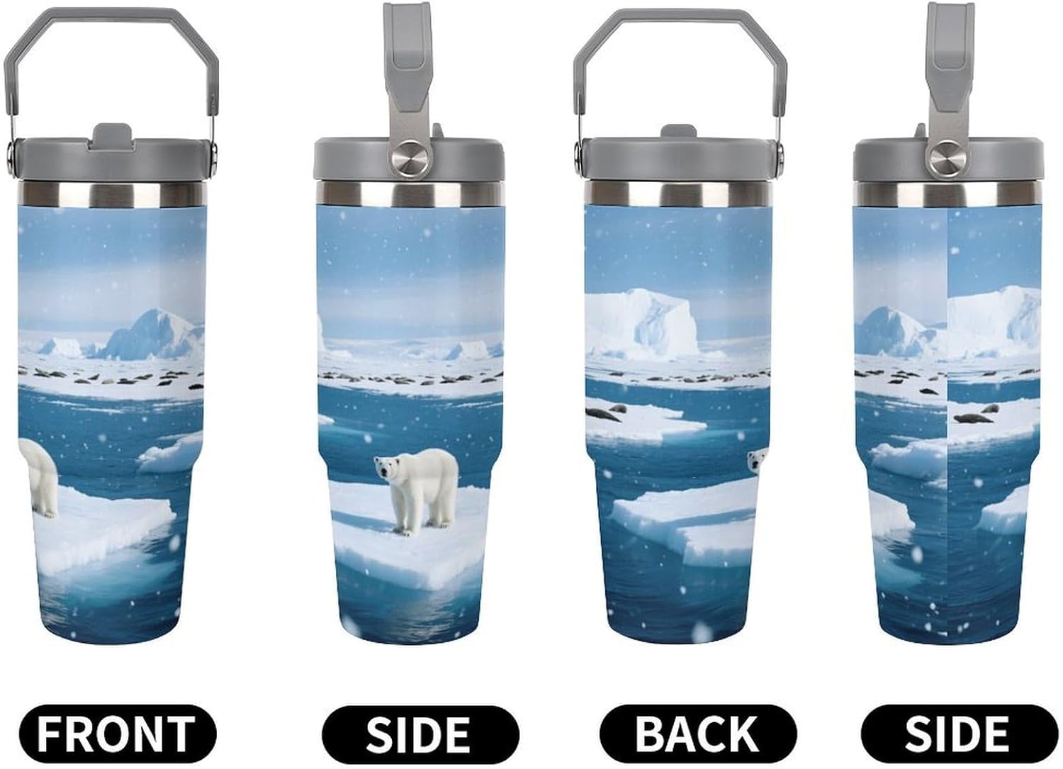 30 Oz Insulated Mug with Handle Lid And Straw Polar Bears And Ice Floes Pattern Large Metal Sports Bottle Great for Gifts Parties Office Coffee