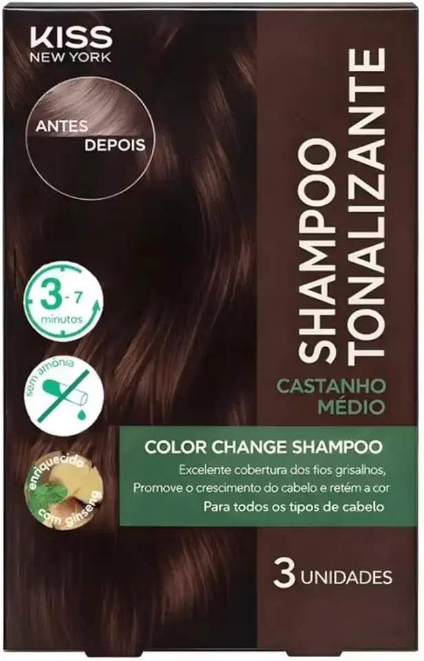Shampoo Tonalizante Kiss New York, Caixa Com 3x30ml, Cobertura de Fios Grisalhos, Coloração Sem Amônia, Enriquecido Com Ginseng (Castanho Médio)