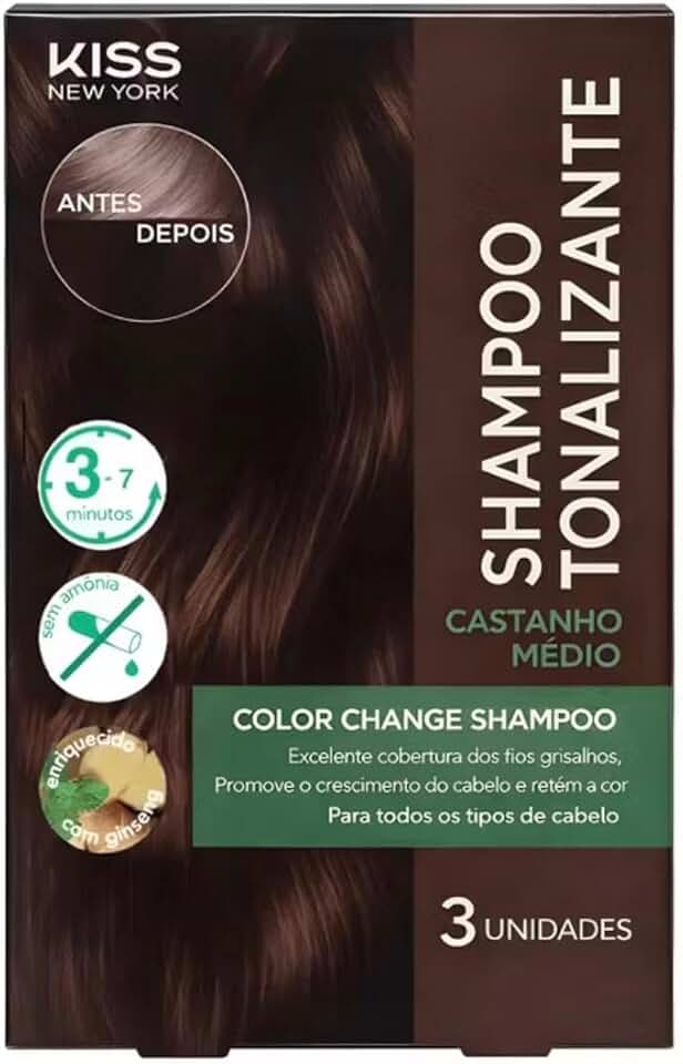 Shampoo Tonalizante Kiss New York, Caixa Com 3x30ml, Cobertura de Fios Grisalhos, Coloração Sem Amônia, Enriquecido Com Ginseng (Castanho Médio)